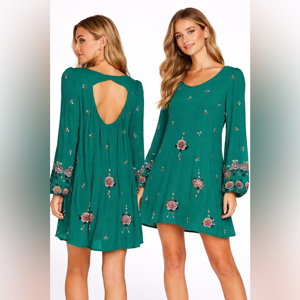 Free People Teal Green Floral Embroidered Mini Dress Tunic